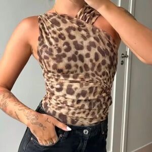 Asymmetric Tulle Leopard Bodysuit